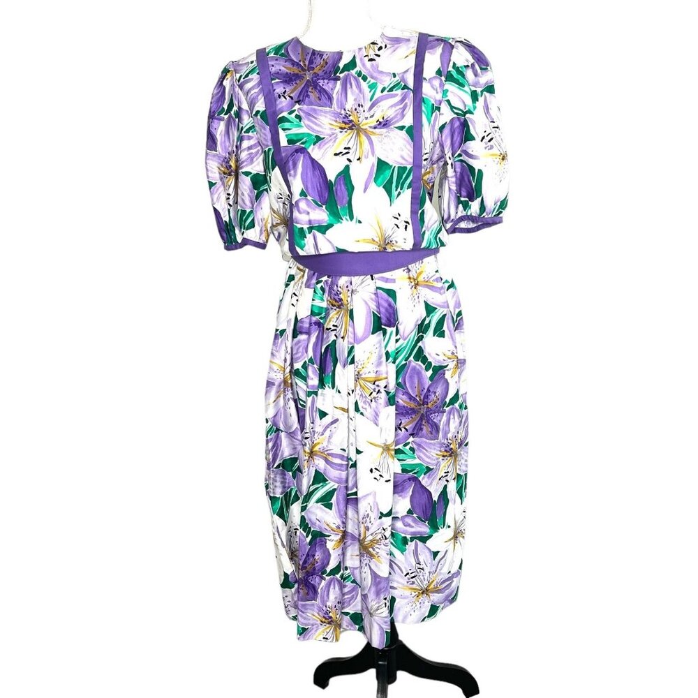 Strait Lane Vintage MIDI Dress Blouson A-line Retro Floral Tropical Purple Sz 8